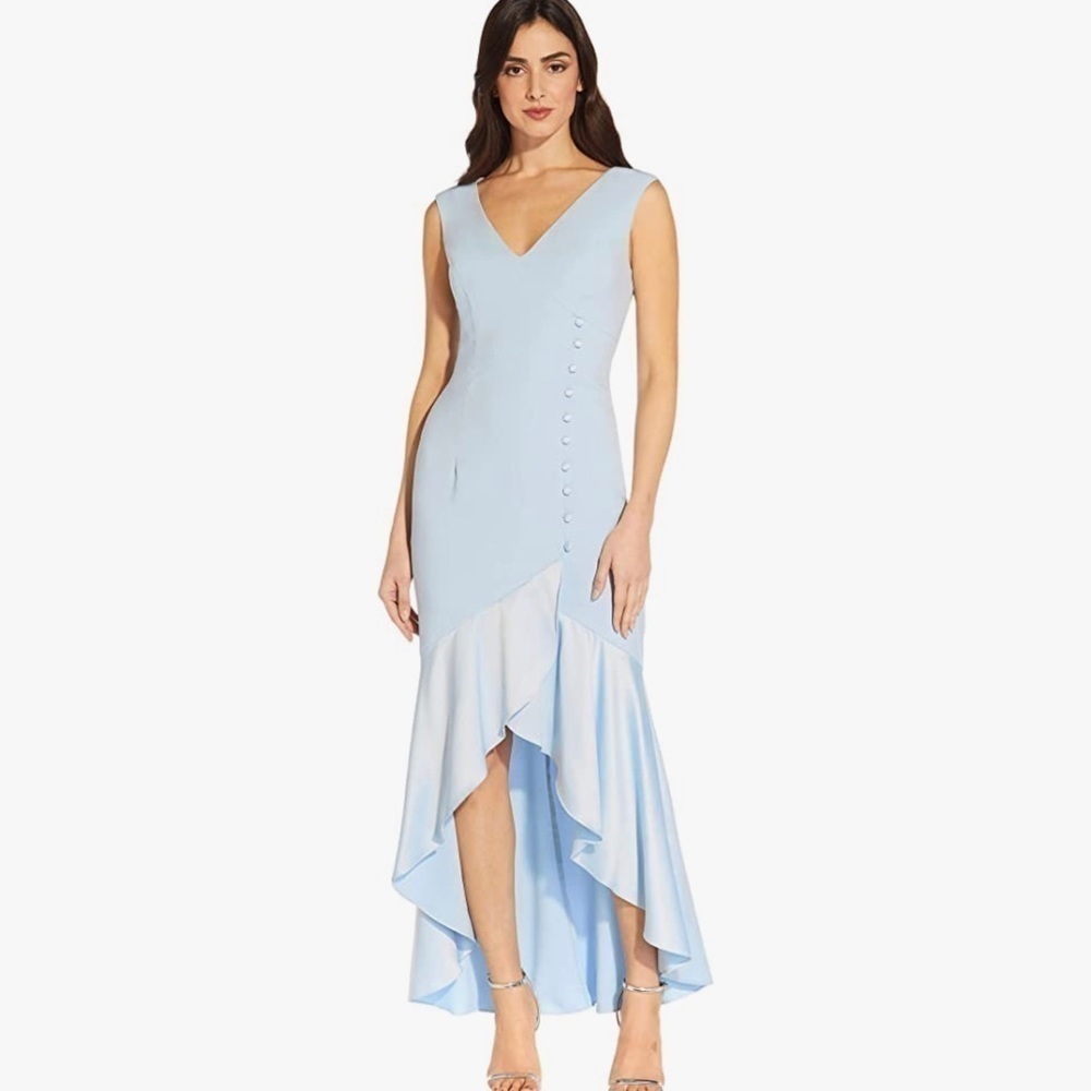 Adrianna Papell Light Blue V-Neck High-Low Ruffle Dress